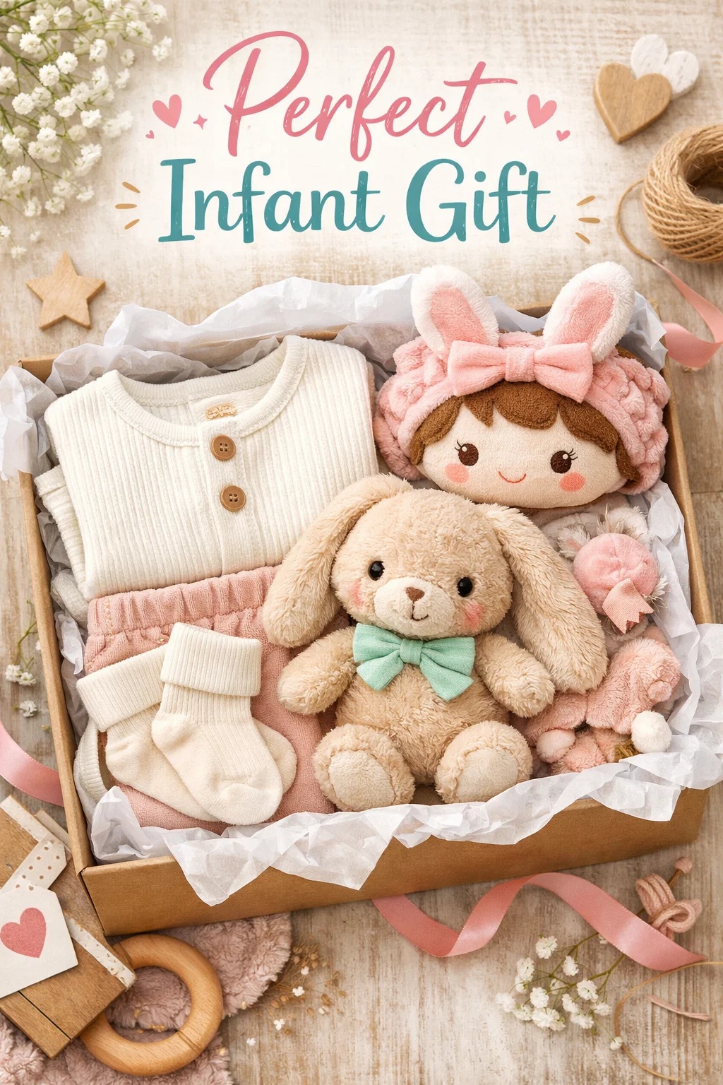 OEM Soft Pink Infant Gift Box with Detachable Bunny Doll Headband Plush Toy and Knitted Baby Essentials