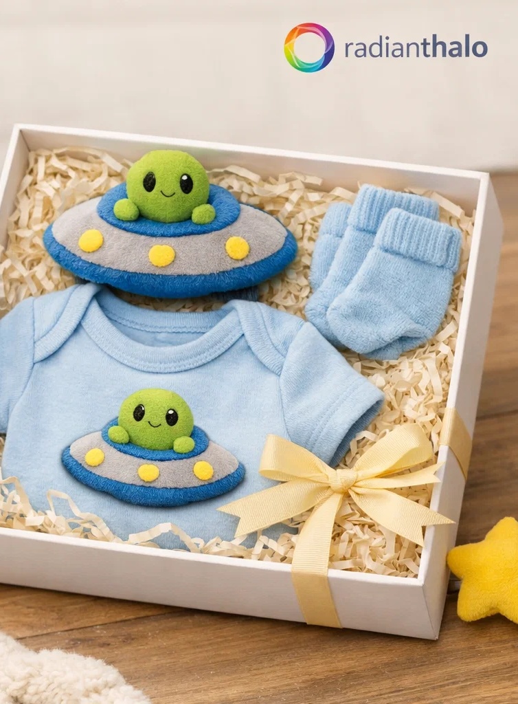 Wholesale UFO Alien Newborn Bodysuit Gift Box Set with Detachable Plush Headband and Matching Socks