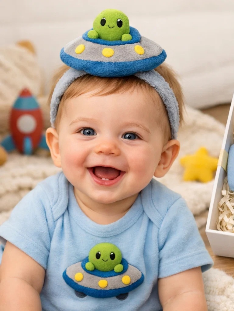 Wholesale UFO Alien Newborn Bodysuit Gift Box Set with Detachable Plush Headband and Matching Socks
