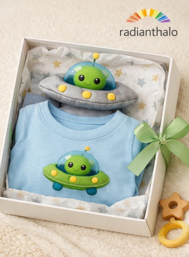 Wholesale Cozy Green Alien Baby Gift Box Set with Detachable UFO Plush Headband for Newborn Gifting
