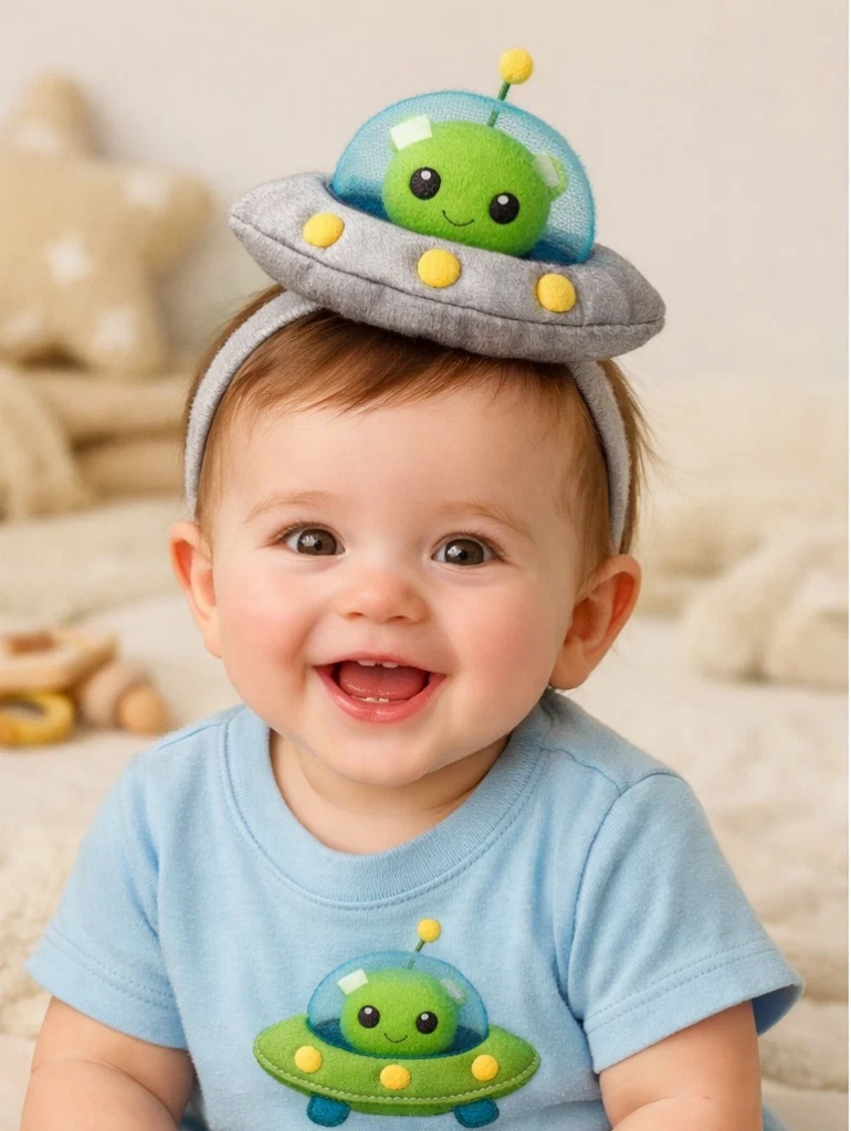 Wholesale Cozy Green Alien Baby Gift Box Set with Detachable UFO Plush Headband for Newborn Gifting