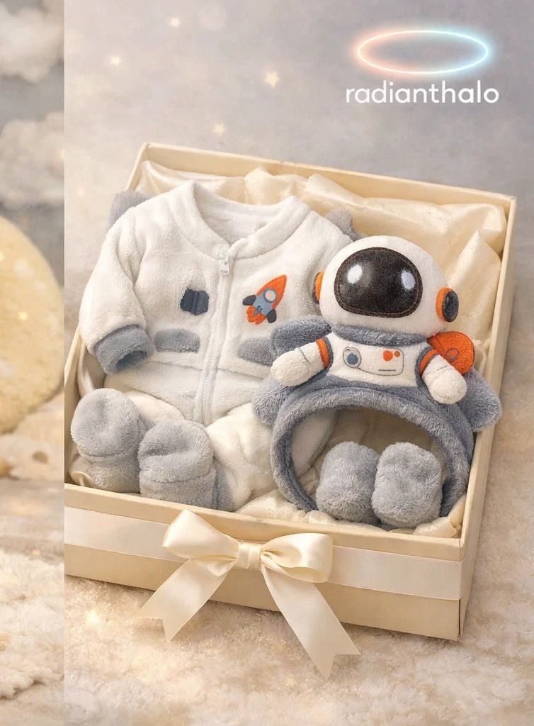 Wholesale Astronaut Newborn Fleece Gift Box Set with Detachable Plush Headband, Warm Outfit and Baby Booties