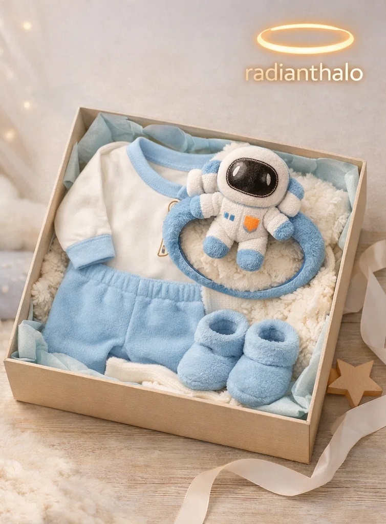 Wholesale Blue Astronaut Baby Gift Box Set with Detachable Plush Headband, Top, Pants and Booties