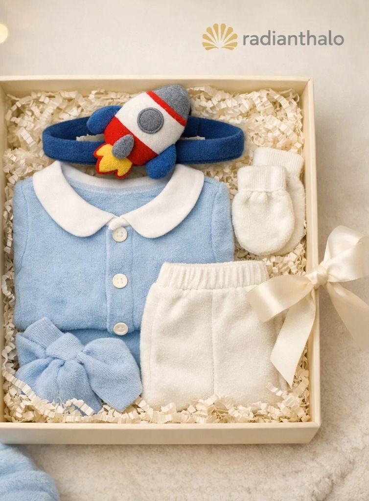 Wholesale Rocket Theme Baby Boy Gift Box Set with Detachable Plush Headband, Soft Outfit, Shorts and Mittens