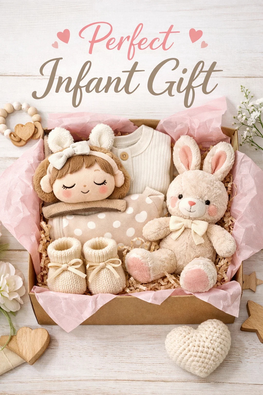 Private Label Newborn Girl Gift Set with Detachable Doll Headband Bunny Plush and Soft Baby Knitwear