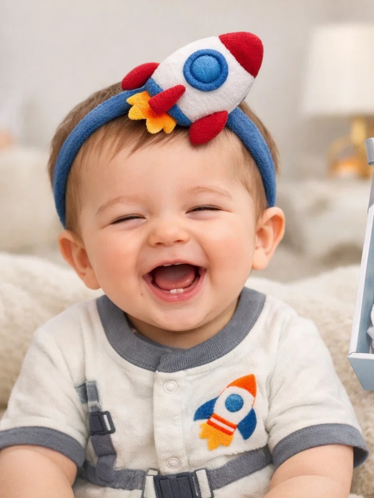 Coffret cadeau bébé astronaute en gros avec bandeau peluche fusée, tenue douce premium et présentation prête pour boutique