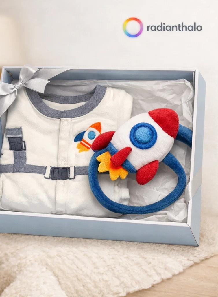Coffret cadeau bébé astronaute en gros avec bandeau peluche fusée, tenue douce premium et présentation prête pour boutique