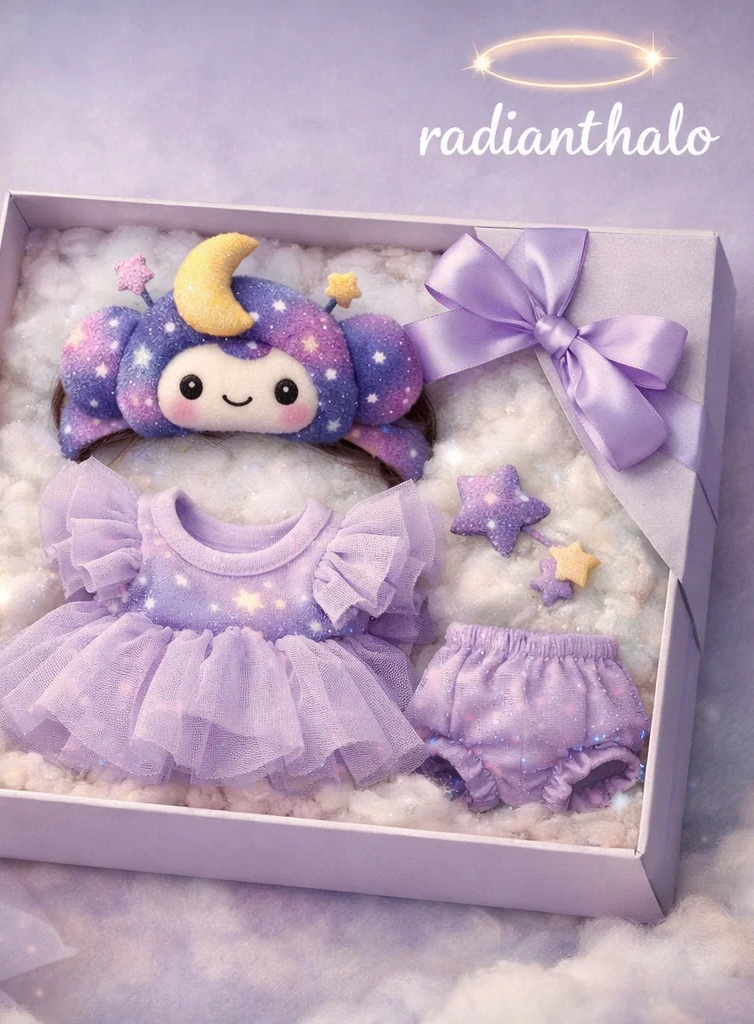 Caixa-presente premium para recém-nascido no atacado com faixa de cabelo de pelúcia lua e planeta, vestido delicado e apelo para boutique