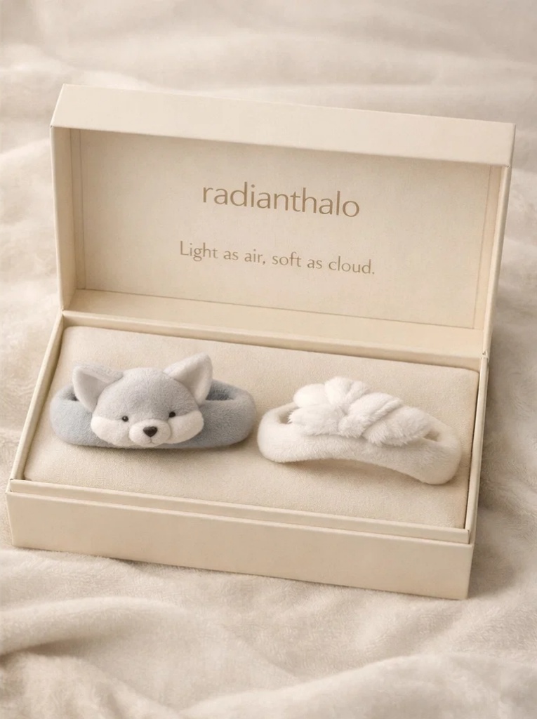Set de regalo al por mayor con diademas de peluche para recién nacido, diseño de zorrito y flor, presentación premium para tiendas boutique