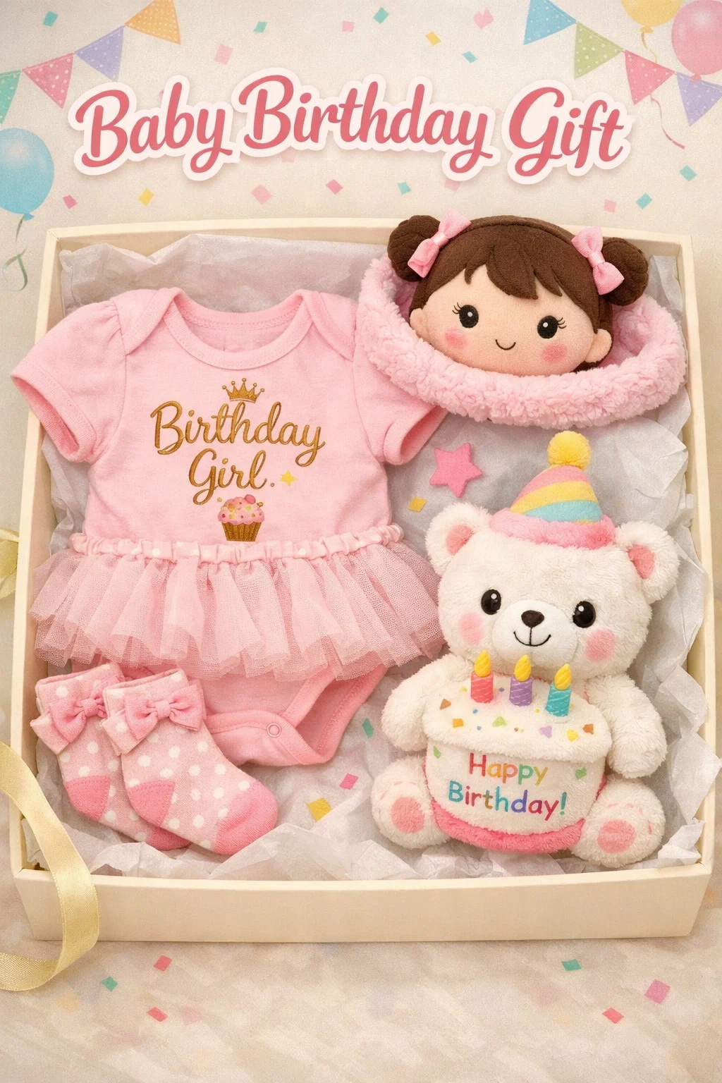 Custom Baby Birthday Girl Gift Box with Detachable Plush Headband Tutu Bodysuit Birthday Bear and Soft Socks
