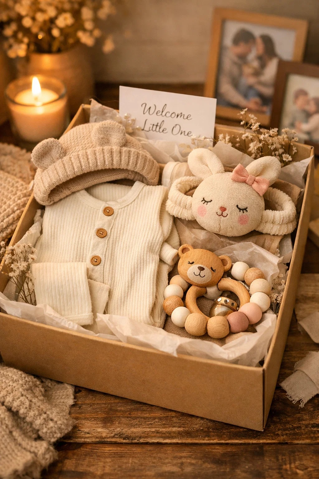 Luxury Newborn Welcome Gift Box with Detachable Animal Headband Ribbed Baby Outfit Wooden Teether and Plush Accessories