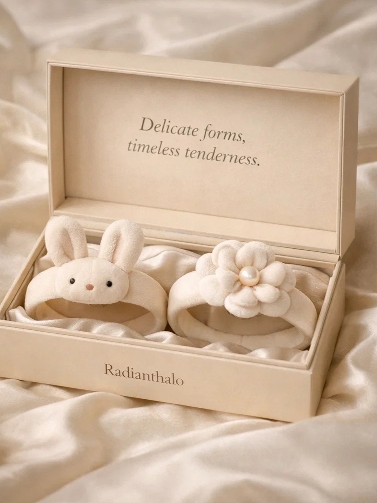 Delicate Bunny & Flower Plush Baby Headband Set with Gift Box Packaging
