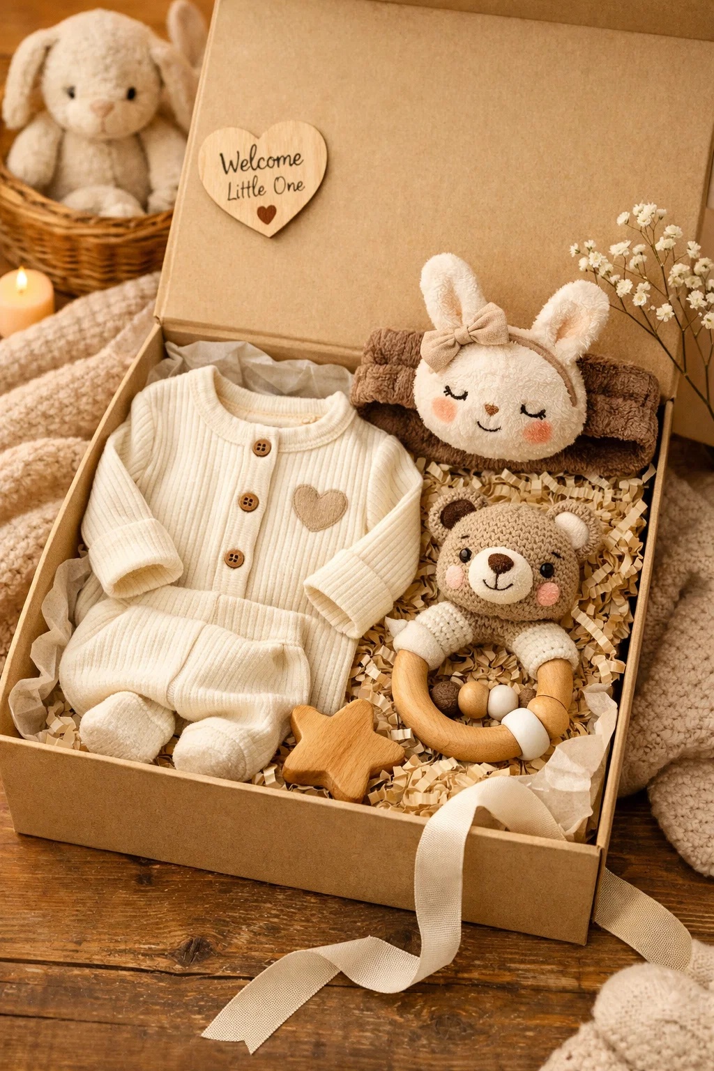 Private Label Neutral Baby Gift Set with Detachable Bunny Doll Headband Ribbed Outfit Wooden Rattle and Newborn Welcome Box