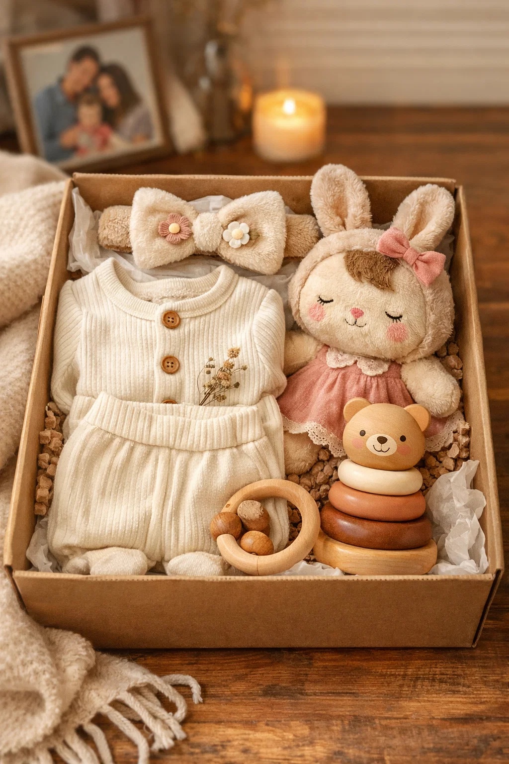 Wholesale Boutique Baby Gift Box with Detachable Bunny Doll Headband Ribbed Two Piece Outfit Wooden Stacker and Gift Ready Packaging