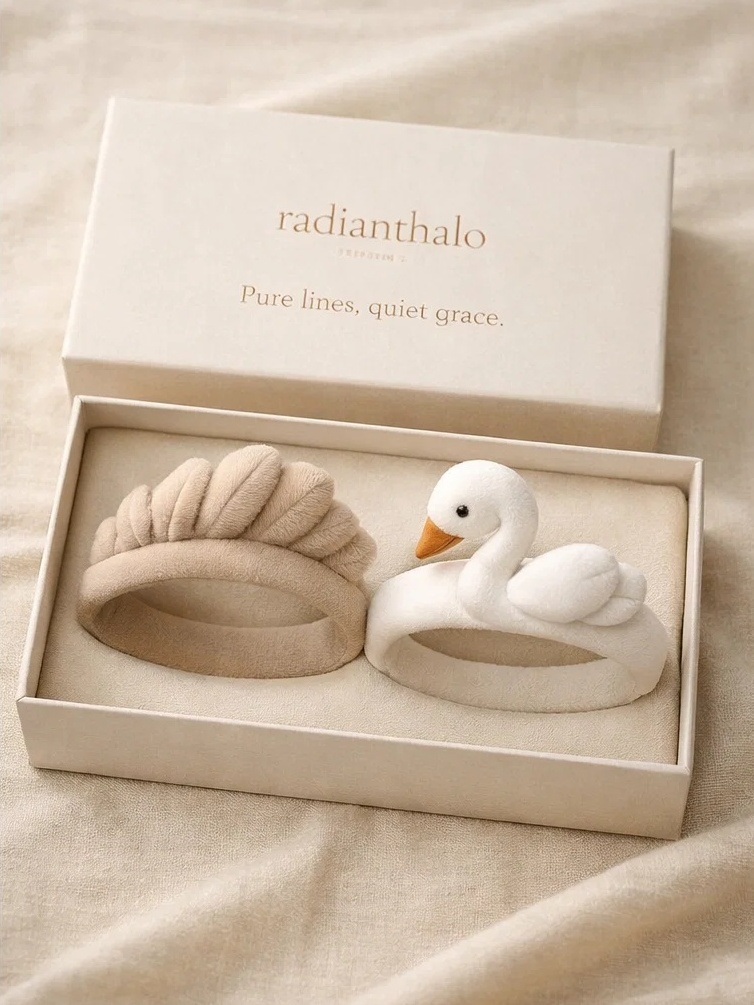 Pure Swan & Feather Plush Baby Headband Set with Elegant Gift Packaging