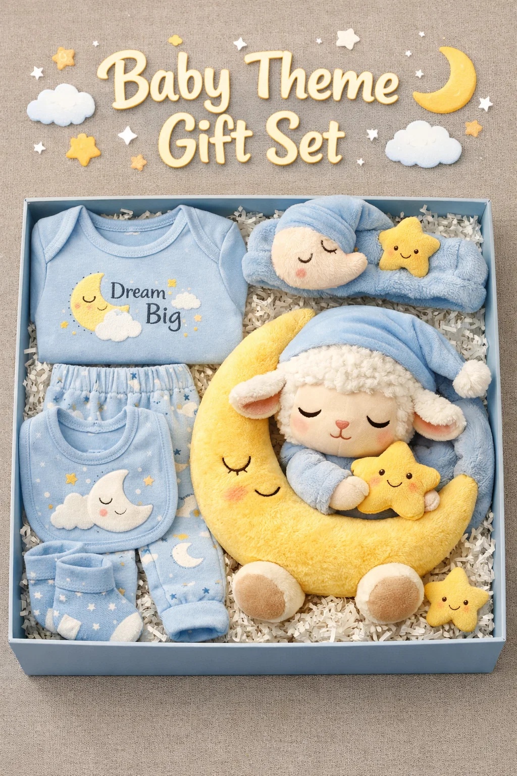 Baby Theme Gift Set with Detachable Moon Headband, Dream Big Onesie, Plush Moon and Star Toys