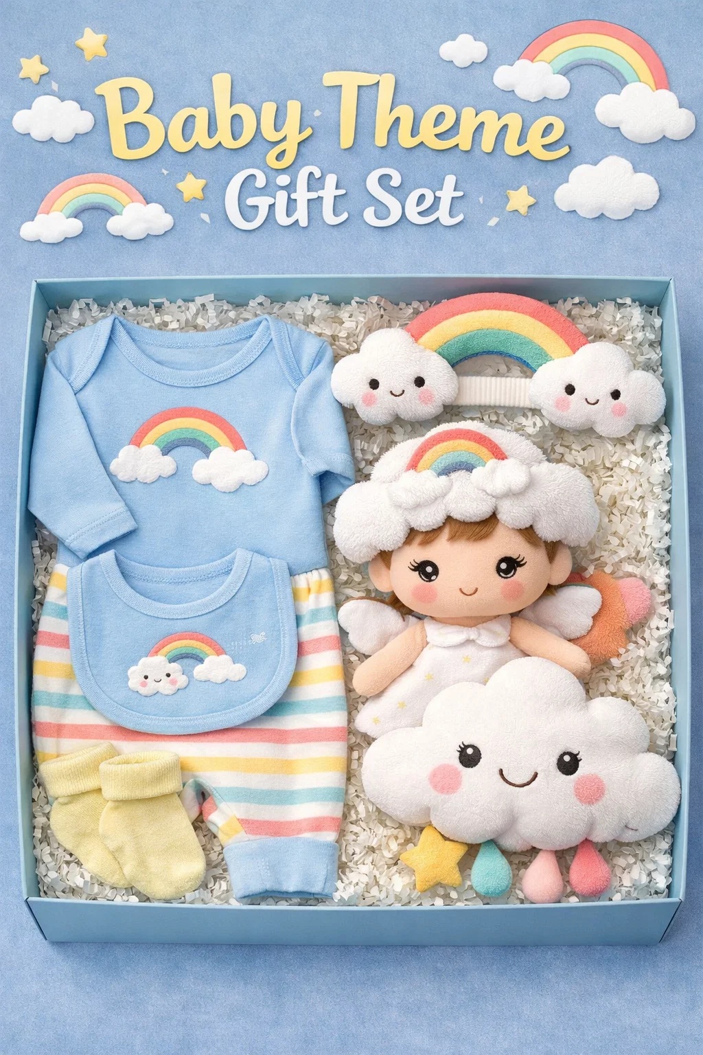 Baby Theme Gift Set with Detachable Rainbow Headband, Rainbow Onesie, Plush Rainbow Doll and Cloud Toys