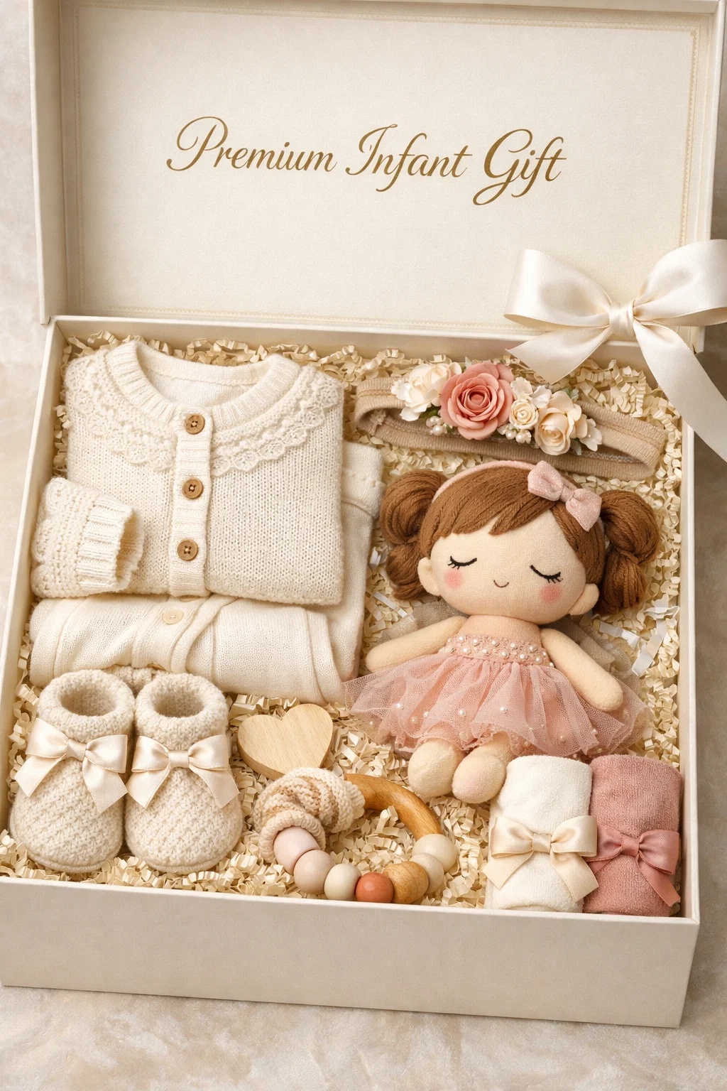 Premium Baby Gift Set with Detachable Bunny Headband, Knitwear, Wooden Rattle, and Plush Bunny Doll