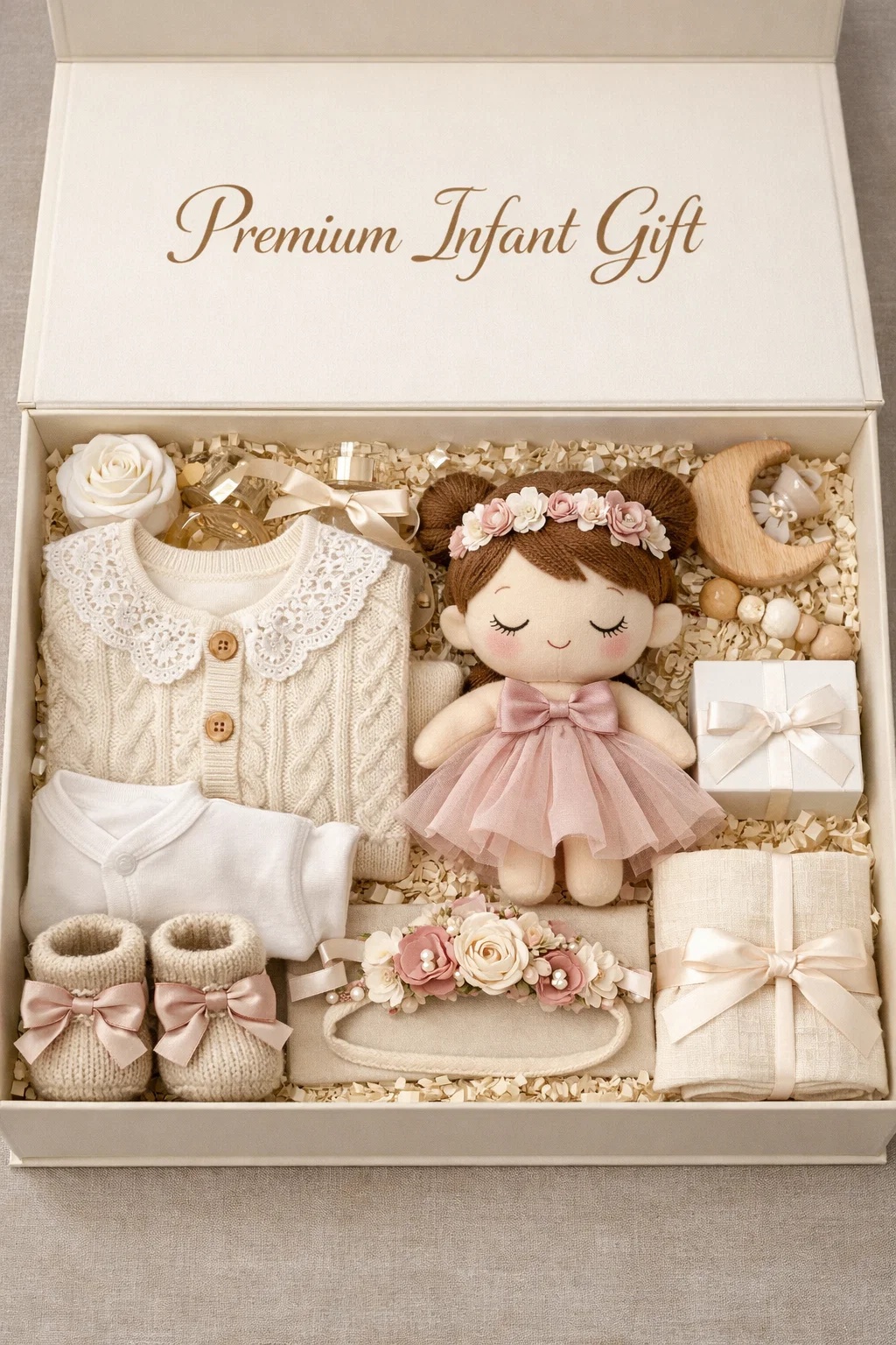 Premium Baby Gift Box with Detachable Bunny Doll Headband and Knitwear Bodysuit and Plush Toy