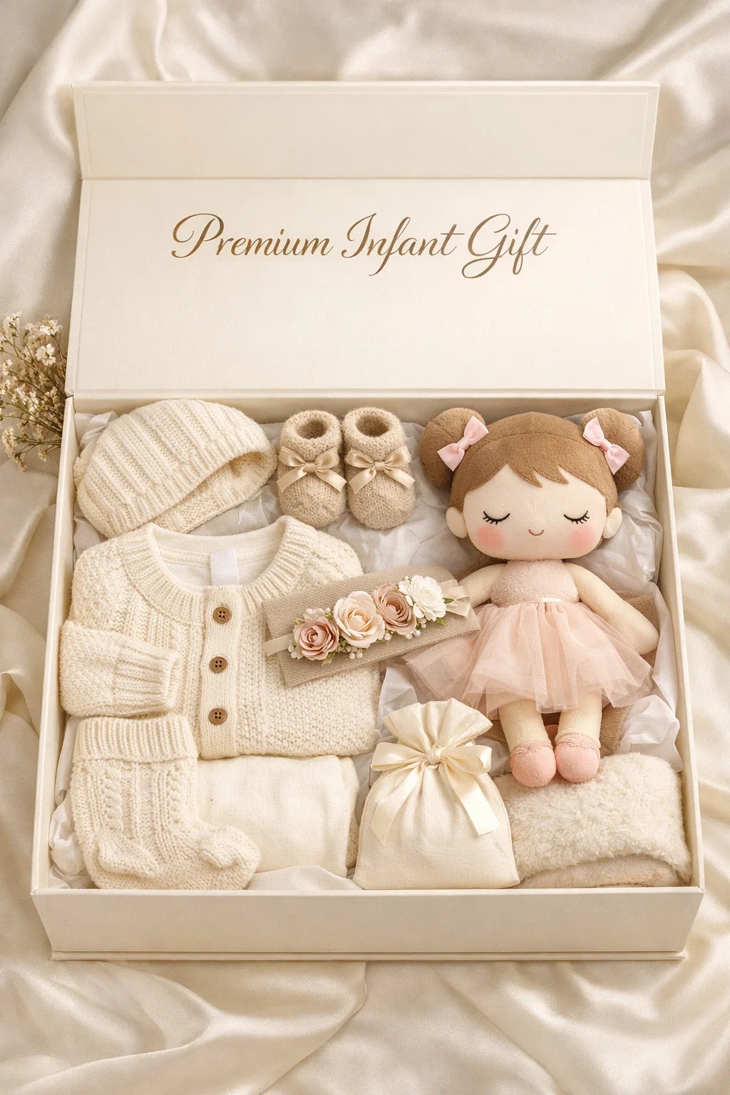 Baby Gift Bundle with Detachable Bunny Headband, Bear Overalls, Plush Bunny, and Wooden Teether