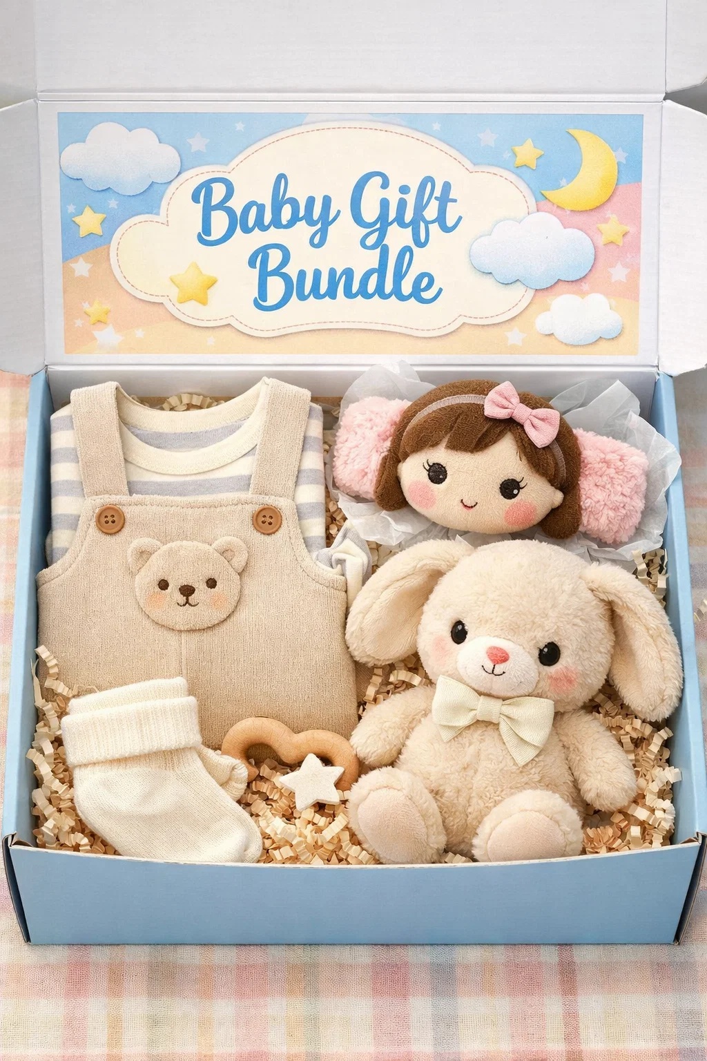 Baby Bear Gift Bundle with Detachable Headband, Bear Onesie, Plush Bear Toy and Wooden Teething Ring