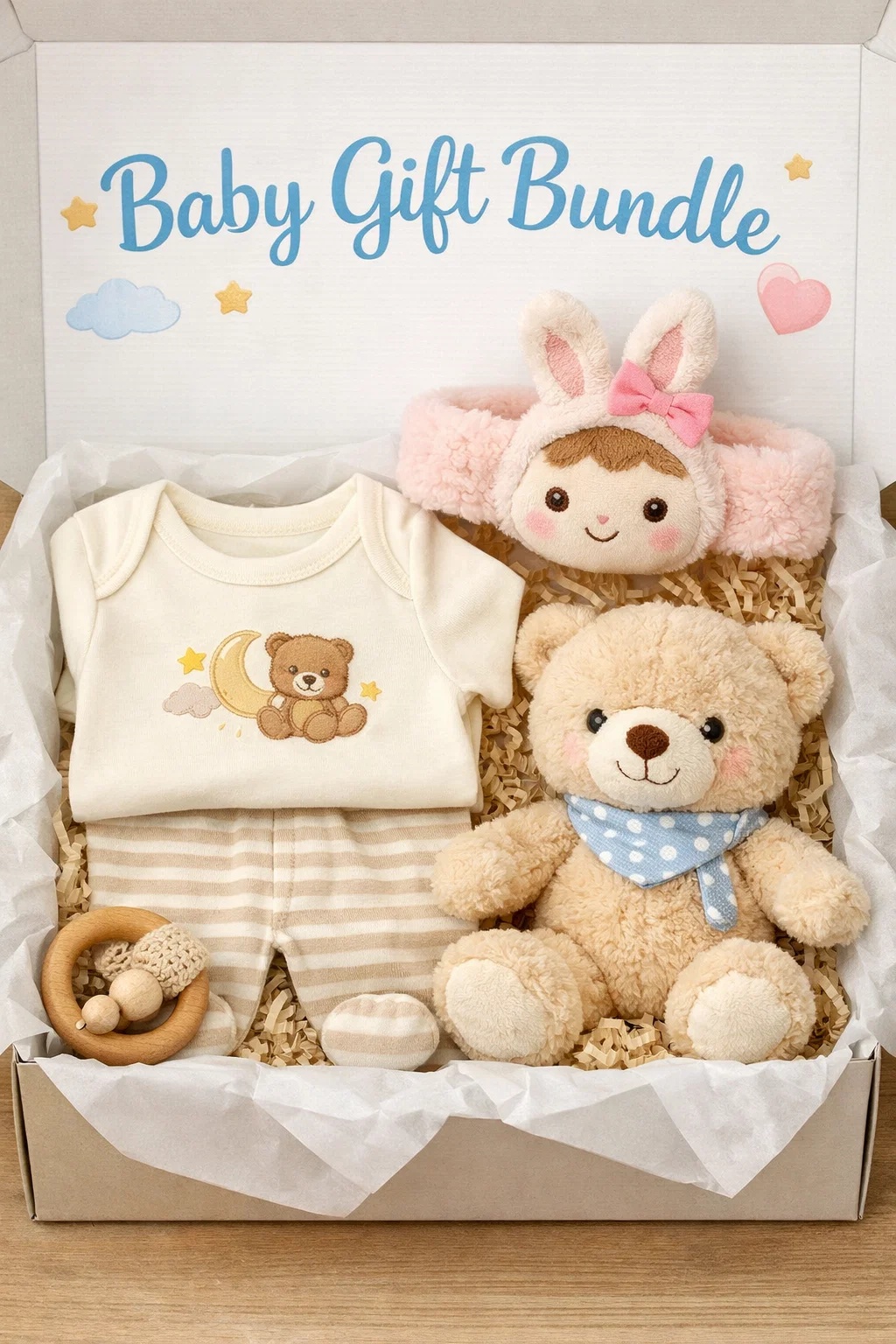 Luxury Baby Gift Bundle with Detachable Bunny Headband, Knitwear Bodysuit, Plush Toy and Wooden Rattle