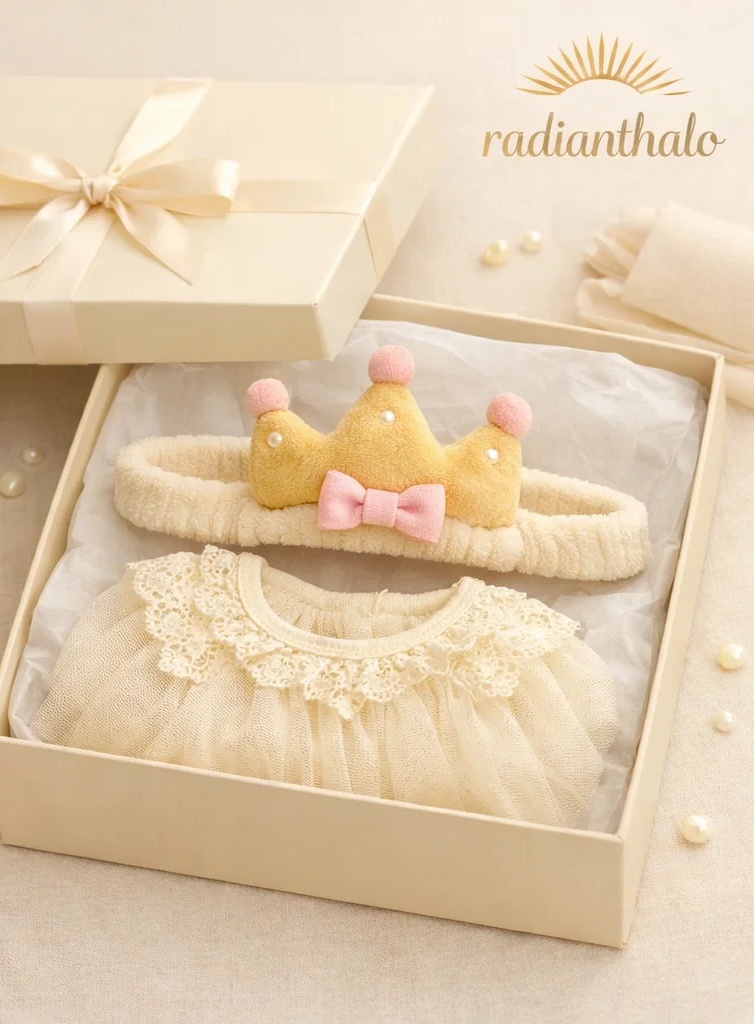 Wholesale Luxury Baby Girl Gift Set Lace Dress Crown Doll Headband with Matching Soft Shoes
