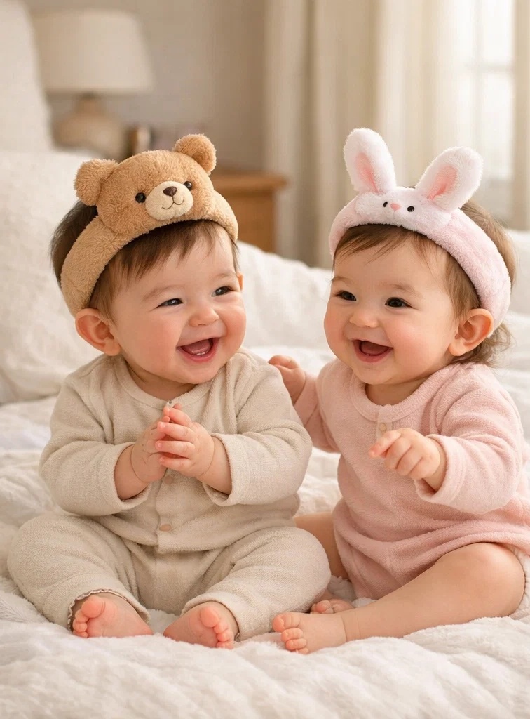 Retail-Ready Bear & Bunny Plush Baby Headband Set with Detachable Doll Design