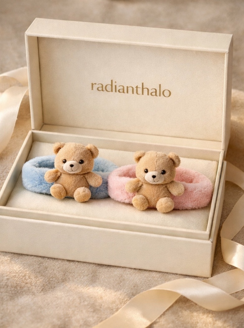 Soft Cotton Baby Headband with Detachable Cartoon Bear Design (Blue & Pink)