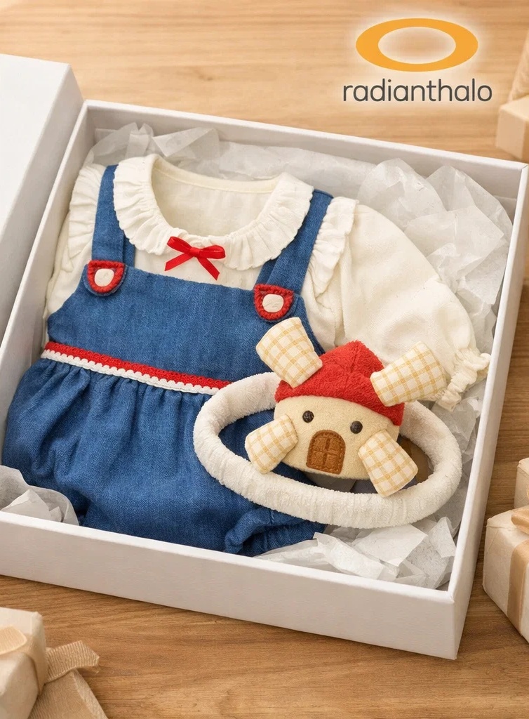 Wholesale Baby Boy Gift Box Denim Style Romper Set with Plush Windmill Doll Headband