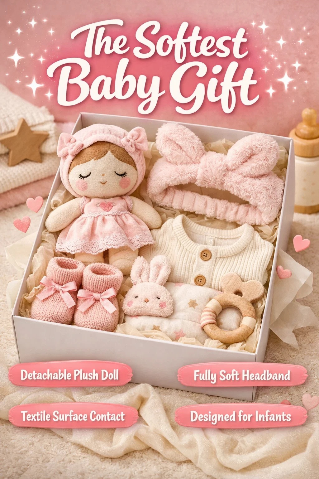 Stylish Baby Gift Set with Detachable Plush Doll & Soft Headband