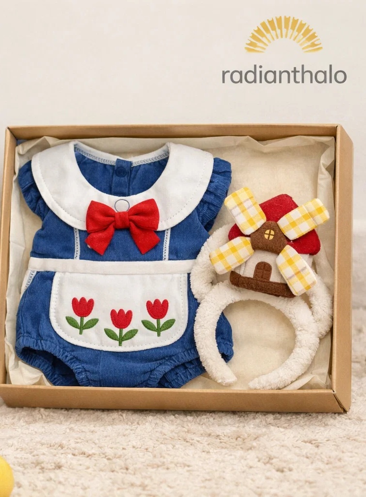 Boutique Wholesale Baby Romper Gift Set Embroidered Tulip Outfit with Plush Windmill Doll Headband