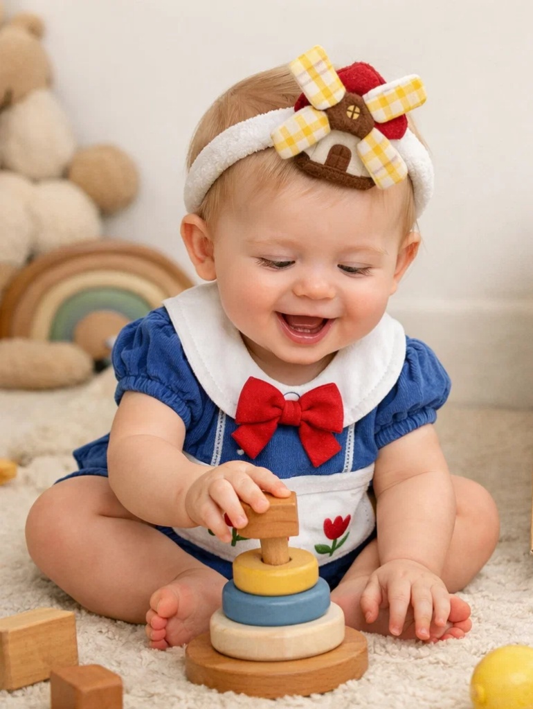 Boutique Wholesale Baby Romper Gift Set Embroidered Tulip Outfit with Plush Windmill Doll Headband
