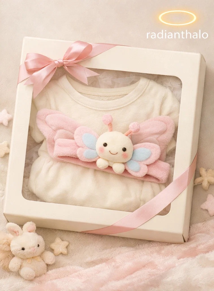 Wholesale Gift-Ready Baby Box Soft Cream Outfit with Plush Butterfly Doll Headband in Window Packaging