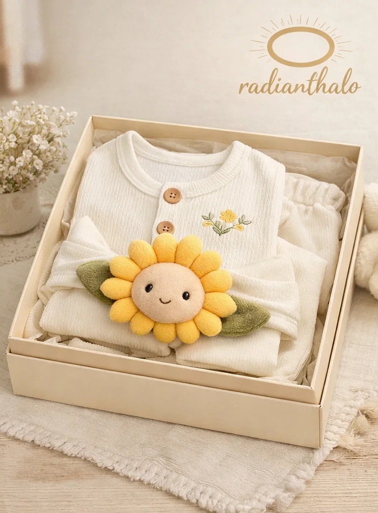 Boutique Wholesale Newborn Gift Set Ribbed Cream Outfit with Plush Sunflower Doll Headband