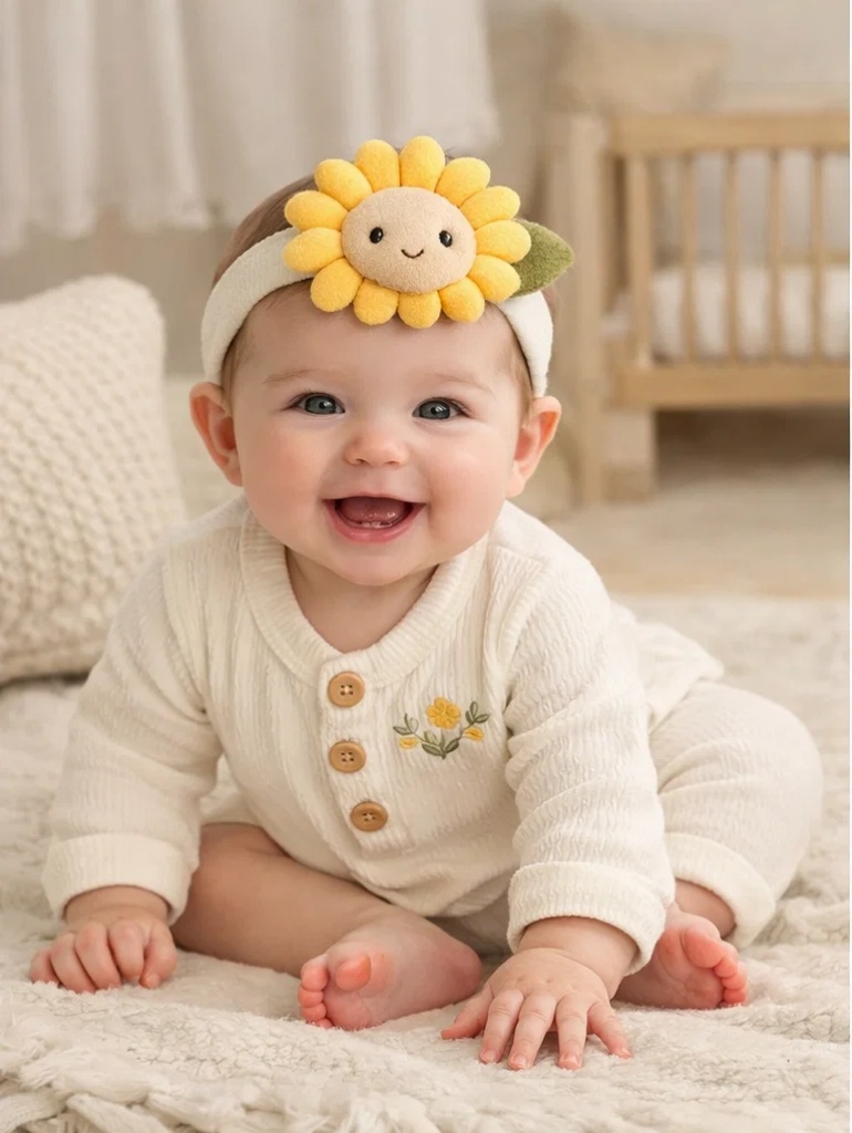 Boutique Wholesale Newborn Gift Set Ribbed Cream Outfit with Plush Sunflower Doll Headband