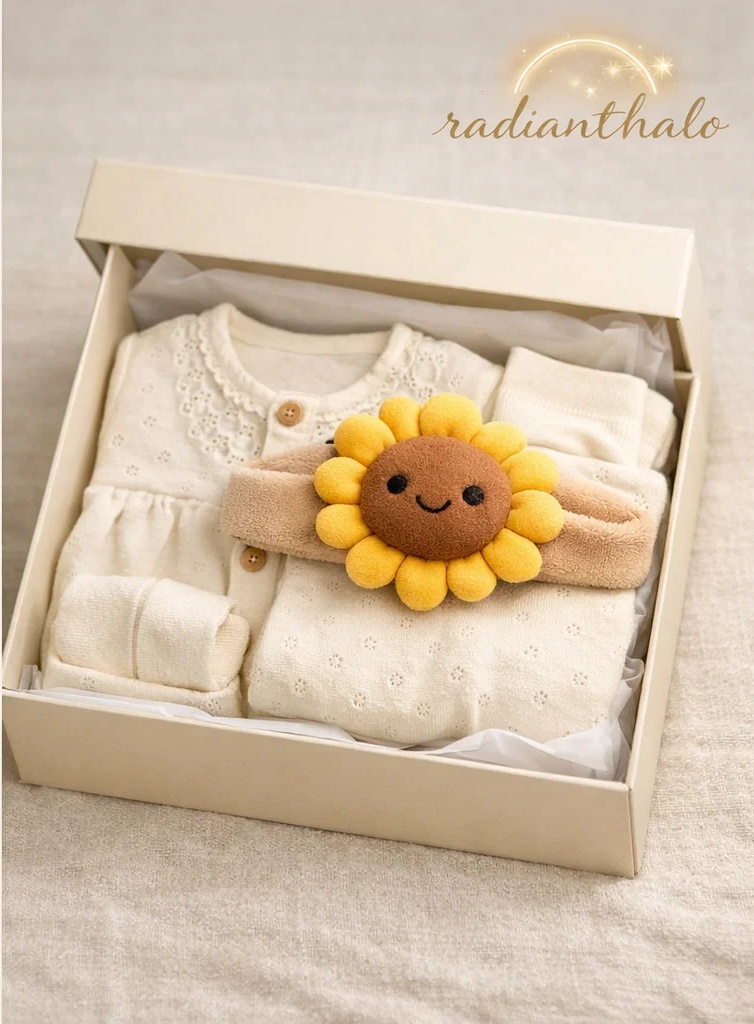 Wholesale Elegant Baby Gift Box Eyelet Romper Set with Plush Sunflower Headband