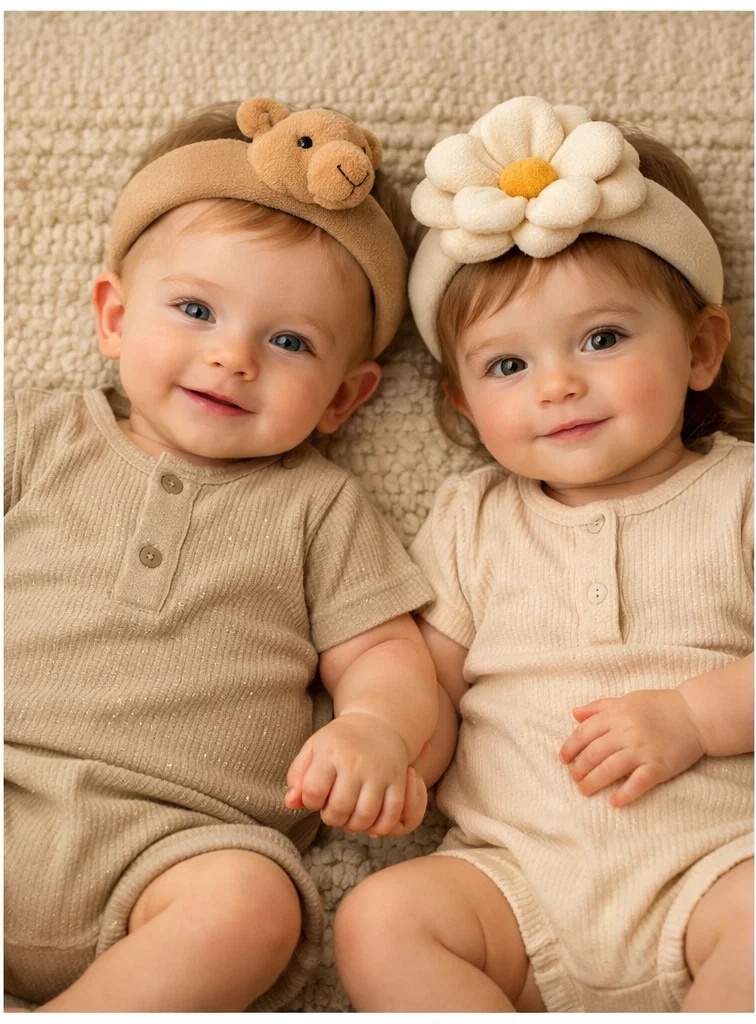 Baby Haarband mit Bärchen und Blume - Weiche, ökologische Wahl für Neugeborene, abnehmbares Design für einfache Pflege