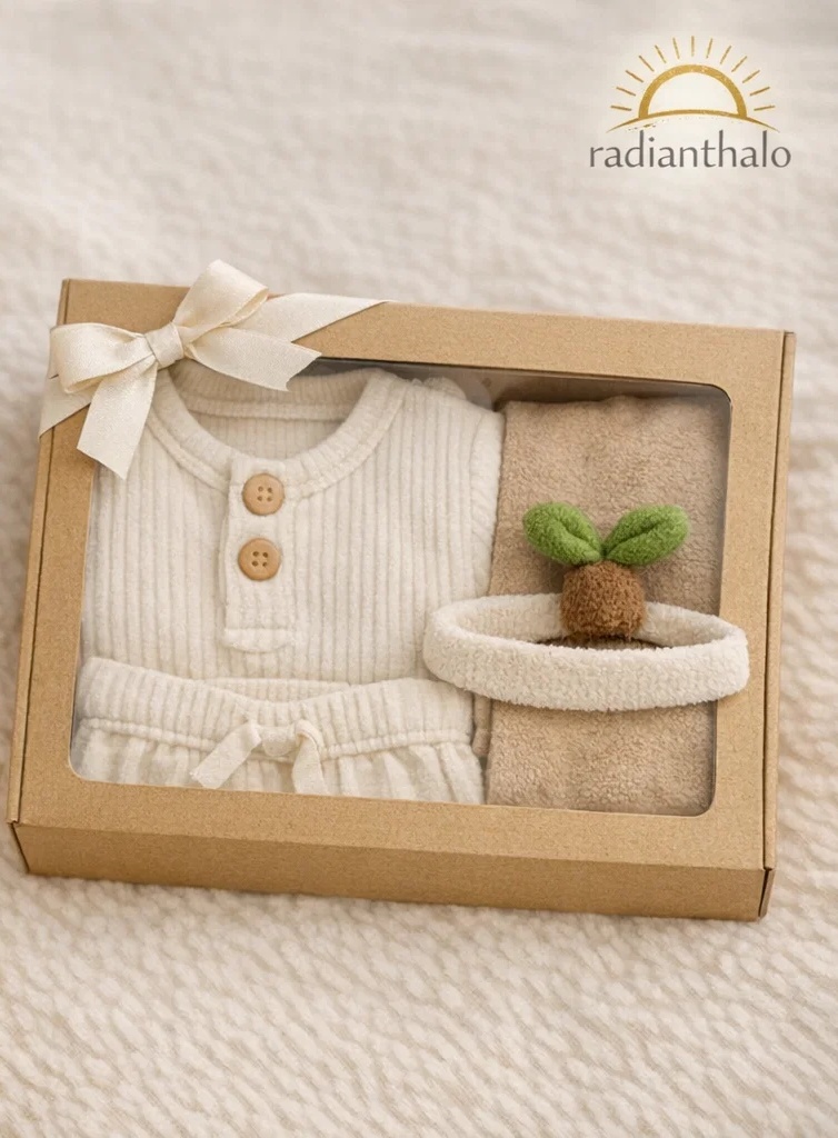 Premium Wholesale Baby Gift Set Ribbed Cream Outfit with Plush Sunflower Doll Headband and Socks