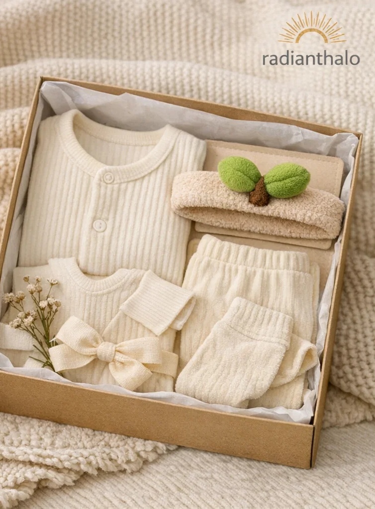 Wholesale Window Gift Box Ribbed Baby Outfit with Plush Sprout Doll Headband and Blanket