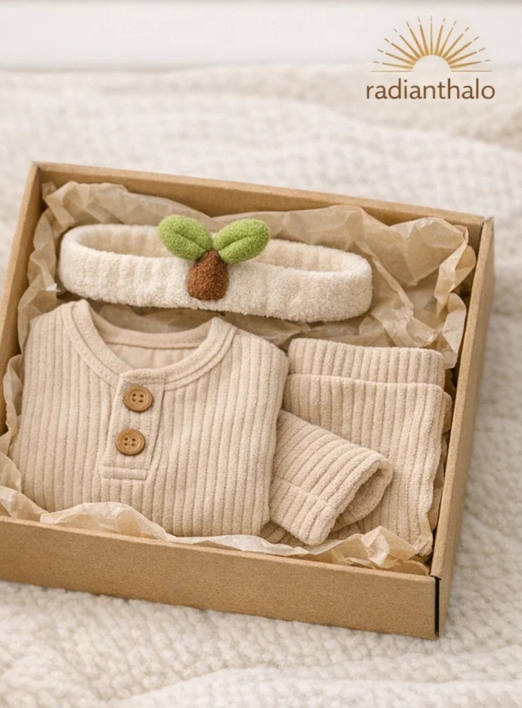 Wholesale Minimalist Baby Gift Box Beige Ribbed Outfit with Plush Sprout Doll Headband