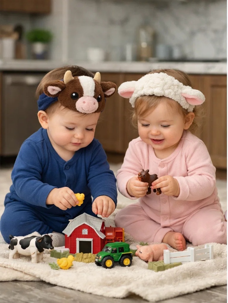 OEM Cow and Lamb Detachable Plush Doll Baby Headbands for Farm-Themed Gift Box Programs