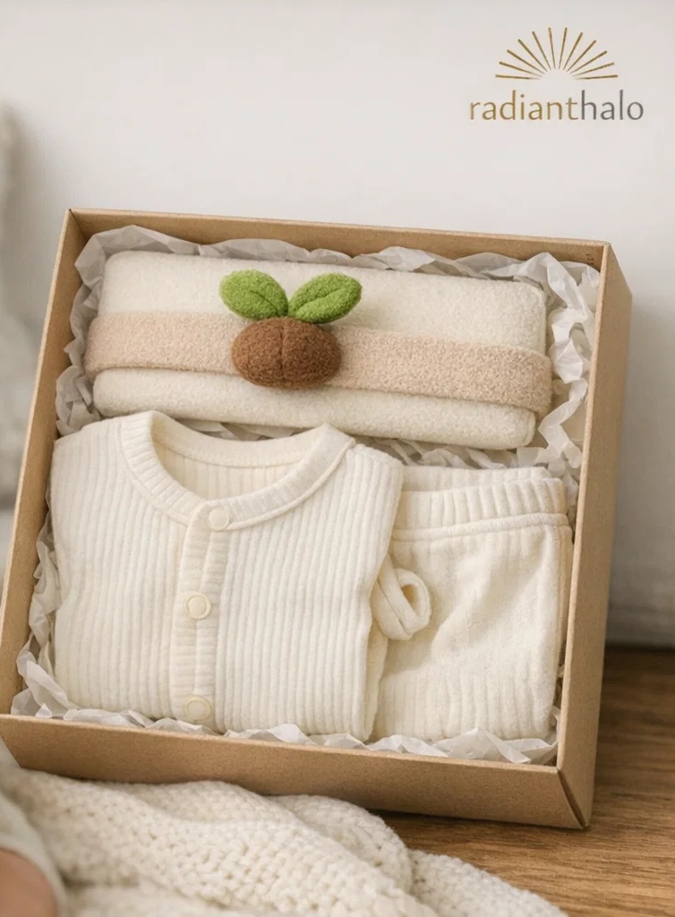 Wholesale Gift-Ready Neutral Baby Outfit Set with Plush Sprout Headband in Kraft Box