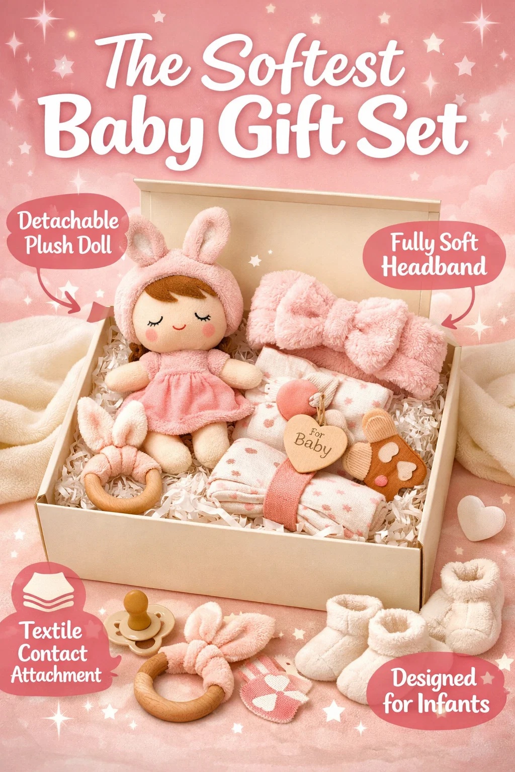 Comfy Infant Gift Set with Detachable Plush Doll Headband & Soft Outfits