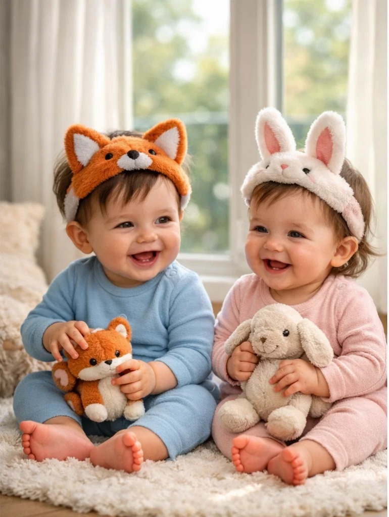 OEM Fuzzy Fox & Cuddly Bunny Plush Baby Headband Set with Gift Box for Boutique Wholesale