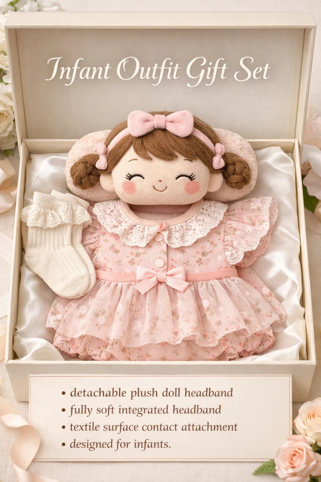 Luxury Infant Gift Set with Plush Doll Headband & Soft Cotton Outfits