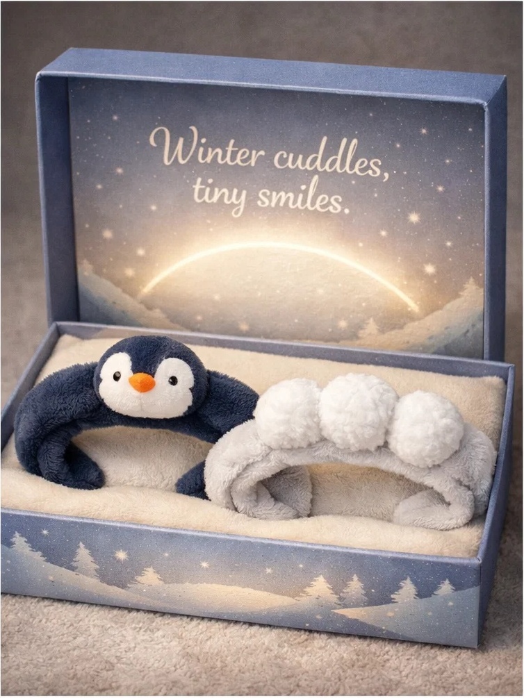 Winter Penguin & Snowball Detachable Plush Baby Headband Set for Seasonal Retail