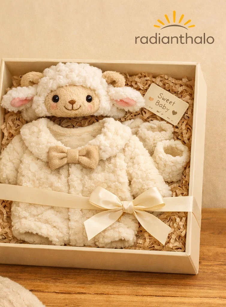 Wholesale Cozy Baby Gift Box Plush Lamb Cardigan Set with Matching Sheep Doll Headband and Mittens