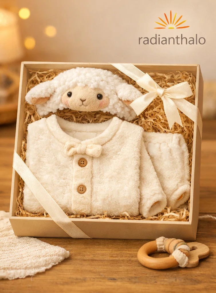 Boutique Wholesale Baby Gift Box Plush Lamb Coat Set with Matching Sheep Doll Headband and Booties