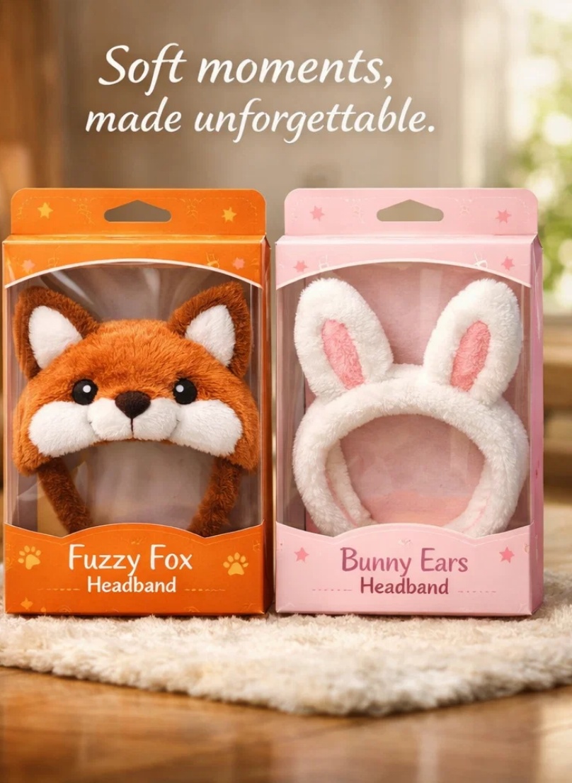 Custom Gift Box Fox Face & Bunny Ears Plush Baby Headband Display Set for Boutique Wholesale